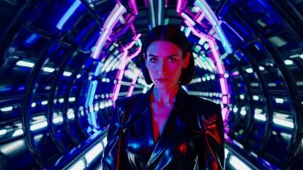 Leinwandbilder - a woman in a futuristic subway tunnel with neon lights streaking around her.