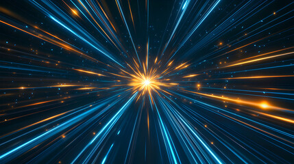 Wall Mural - Abstract blue light speed background with laser rays and glowing flare in the center, motion blur effect, futuristic design concept for technology or science illustration.