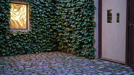 Leinwandbilder - a cozy courtyard with lush green ivy walls and a glowing abstract window.