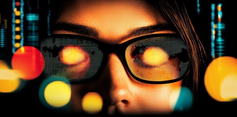 The woman peers into VR glasses at a holographic portrait, accompanied by a glowing virtual headset, an earth sphere, and a network of lines