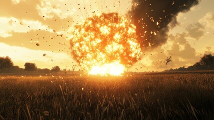 Dramatic explosion illuminates the evening sky over a tranquil field during a breathtaking sunset