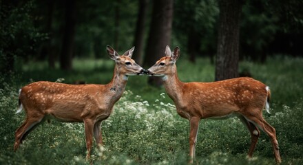 Two graceful deer in lush green forest scene