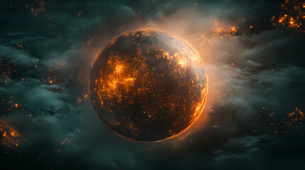 Wall Mural - panoramic view on planet earth globe from space. glowing city lights, light clouds.