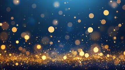 Wall Mural - abstract dark blue and gold particle background with christmas golden light bokeh, shining particles