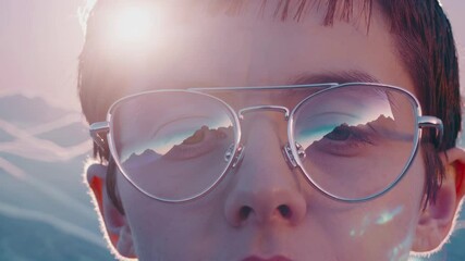Fototapete - a futuristic portrait of a person wearing wireframe glasses, gazing at a glowing sun over surreal pastel mountains.