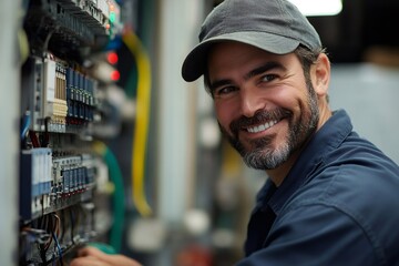 Poster - Electrician smiling and working on a fuse box in a factory
