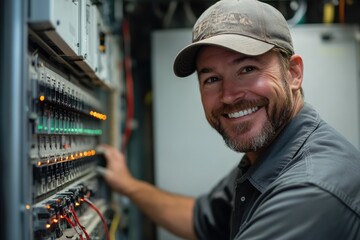 Poster - Technician smiling and working on electrical panel control box