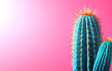 This stunning image features a striking cactus with vibrant teal hues and sharp spines, set against a soft pink gradient background, creating a captivating visual contrast.