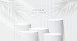 © kingkai - 3D white round podium set background with light and shadow. Abstract geometric composition in minimalist design. 3D studio display showroom product pedestal, Fashion stage showcase mockup scene.