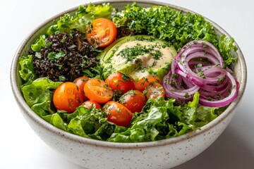 Wall Mural - Fresh vegan buddha bowl with avocado, cherry tomatoes, red onion and greens