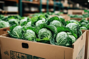 Wall Mural - Fresh savoy cabbages packed in cardboard box in warehouse