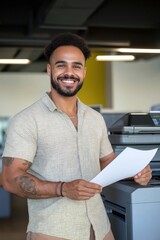 Wall Mural - A man with a beard and a smile is holding a piece of paper in front of a printer. He is happy and content