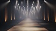 © mutter - A vacant runway illuminated by show lights, flanked by black curtains.