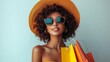© schmidt - A 4K image of a woman traveler holding red shopping bags, isolated on a white background, representing a shopper or shopaholic in the summer season.