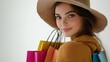 © schmidt - A high-resolution photo of a woman traveler with red shopping bags, set against a white background, illustrating a shopping enthusiast in summer.