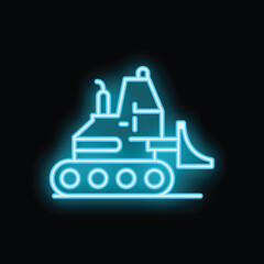 Wall Mural - Blue glowing neon icon of heavy construction equipment, a bulldozer excavator, on a black background