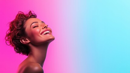 A joyful woman smiles radiantly against a gradient background of vibrant pink and blue colors, embodying happiness and confidence.