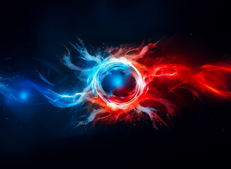 Canvas Print - abstract digital art featuring a central glowing orb with vibrant blue and red energy streams radiat