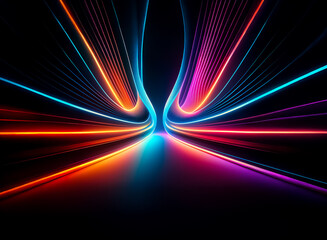Wall Mural - vibrant neon light streaks converge on a dark background, creating a dynamic and futuristic abstract