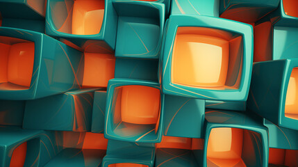 Aufkleber - Abstract 3D shapes with orange and teal lighting, creating a vibrant technology background for a website banner.

