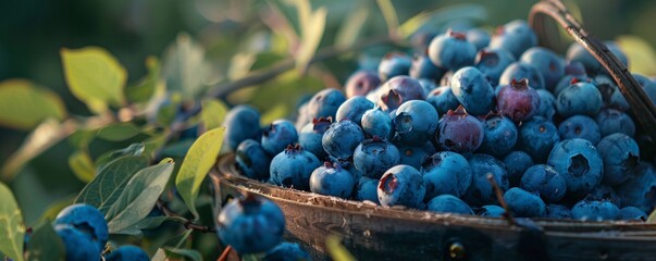 Poster - Wicker basket is overflowing with freshly picked blueberries in a blueberry field
