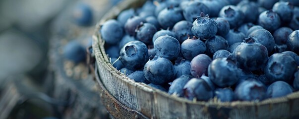 Poster - Overflowing rustic wooden basket filled with ripe blueberries