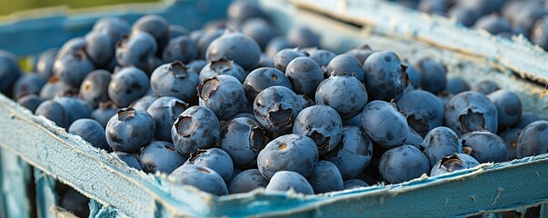 Poster - Farmer is picking blueberries and loading a full blue crate with the season's harvest