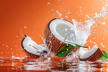 Poster - Coconut splashing in water with an orange backdrop
