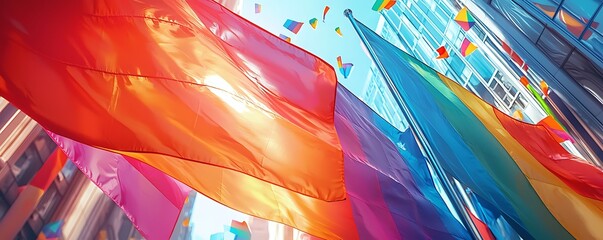 Wall Mural - vibrant close-up of rainbow-colored lgbt flags waving in the wind at a parade, with their colors vib