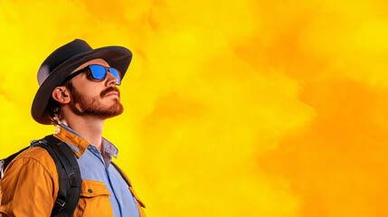 fearless adventurer gazes upward, wearing sunglasses and hat against vibrant yellow background. his 