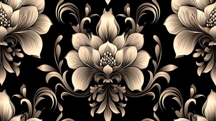 Wall Mural - Elegant beige floral damask pattern on black background, ideal for textile design