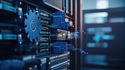 Glowing Blue Gear in Server Rack