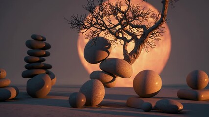 Leinwandbilder - stacked stone blocks and orbs around a delicate tree against a huge orange sun.
