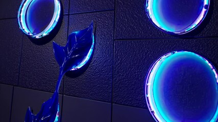 Leinwandbilder - glowing circular cutouts set into a dark tiled background with large blue leaves. A