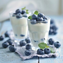 Poster - Two glasses of yogurt decorated with fresh blueberries and mint leaves are standing on a blue wooden table