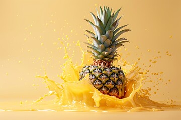 Fototapete - Vibrant pineapple dropping into a sunny yellow liquid, creating a lively and invigorating image