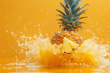 Fototapete - Ripe pineapple falling and splashing into refreshing yellow pineapple juice
