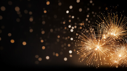 Wall Mural - golden bokeh with fireworks flashes on a black festive background, isolated night