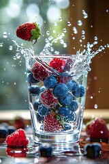 Fototapete - Glass full of fresh blueberries and raspberries with a strawberry splashing into the water