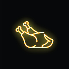 Wall Mural - Yellow glowing neon illustration of two roasted chicken legs, isolated on black background