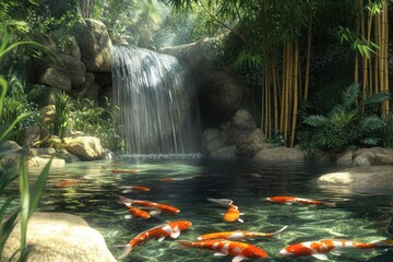 Wall Mural - Koi pond waterfall serene garden oasis