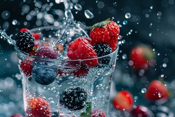 Poster - Summer hydration: mixed berries splashing into a glass of water