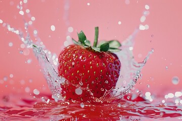 Poster - Single fresh ripe red strawberry splashing in water on a pink background