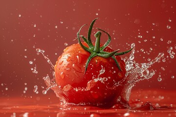 Fototapete - Ripe, red tomato is splashing in water on a red background