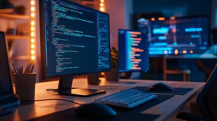 Neon lights illuminate the concepts of web development and design