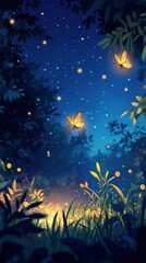 Wall Mural - Cartoon firefly glowing brightly in a whimsical nighttime scene. Vertical