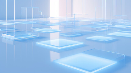 Poster - Isometric flooring with minimalist blue and frosted white glow, perfect for technology presentation display backgrounds.

