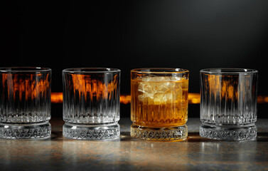 Wall Mural - Whiskey with ice on a dark background.