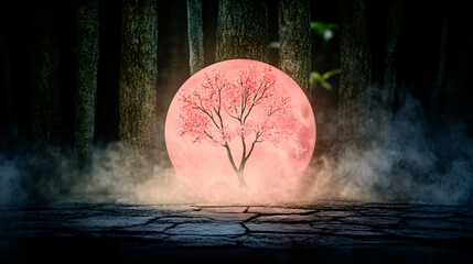 Wall Mural - serene scene featuring large pink moon behind blossoming tree, surrounded by mist and dark trees. atmosphere evokes sense of tranquility and wonder