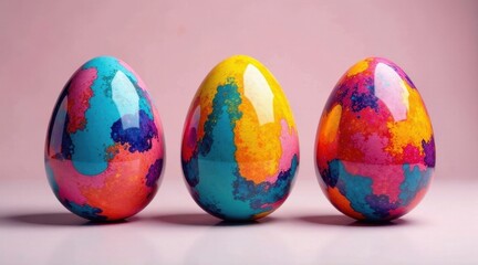 Wall Mural - vibrant hues a trio of abstractly painted eggs on a pale pink background